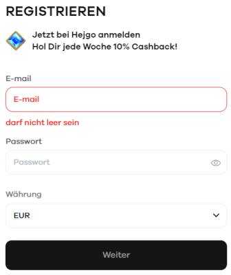 HEJGO Casino Registrierung